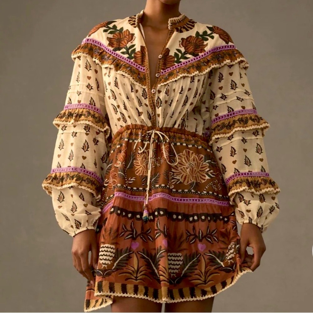 NWOT FARM Rio Floral Boho Mini Dress - Cream, Brown, Purple